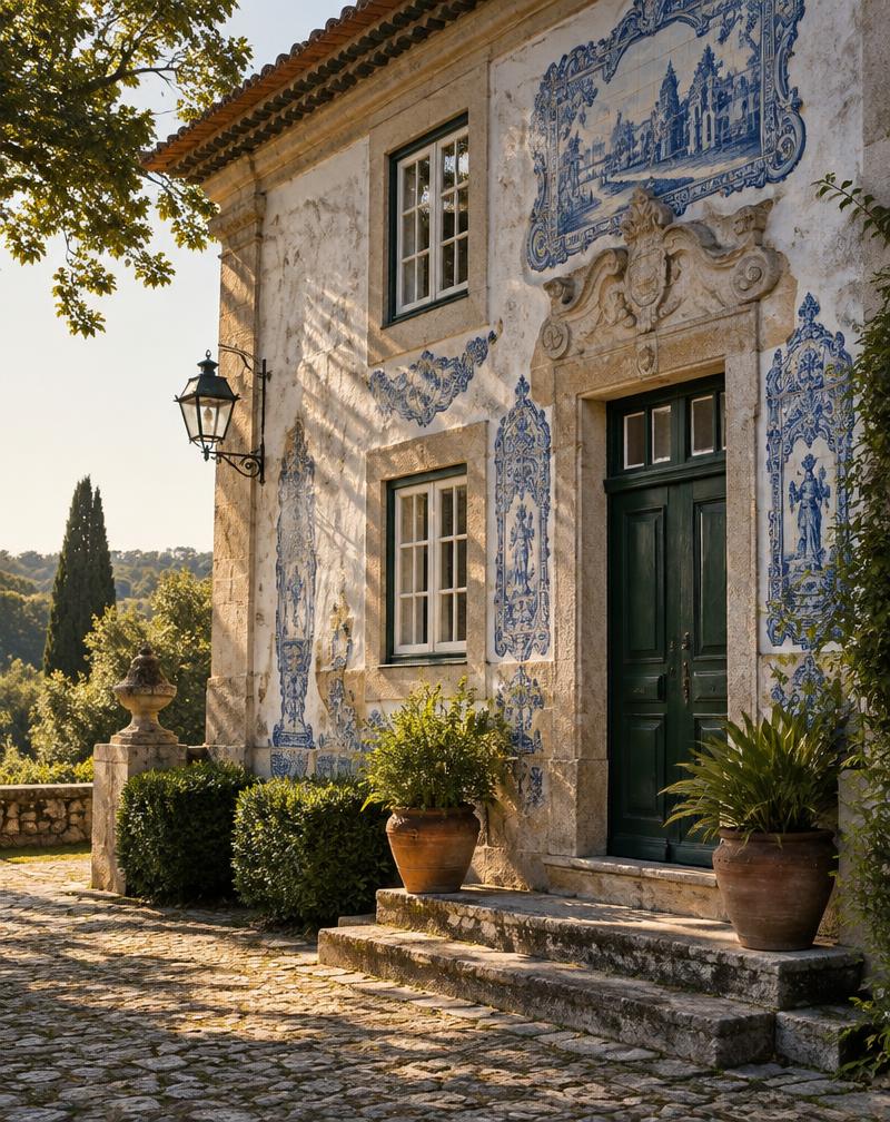 Illustrative azulejo facade with a green door