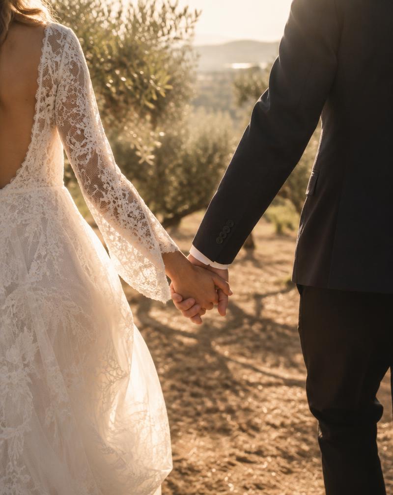 Illustrative wedding couple holding hands in an olive grove