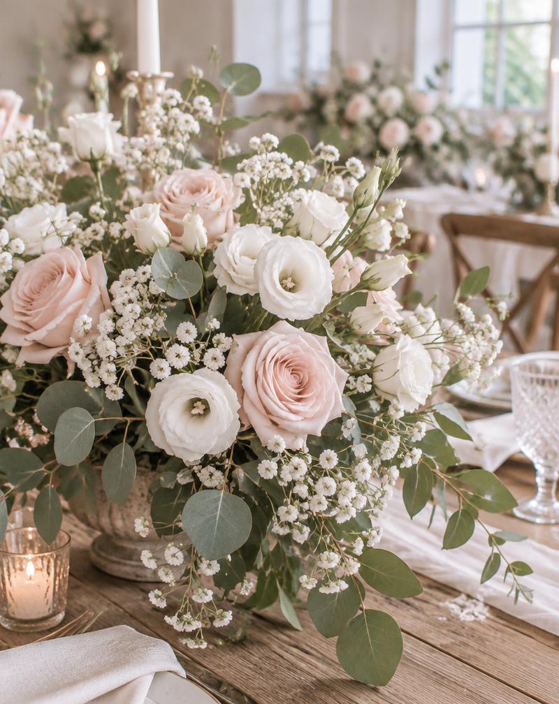 Illustrative floral arrangement in pale blush and white