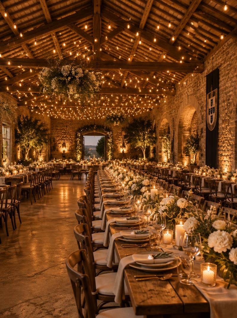 Illustrative indoor reception with fairy lights and long tables