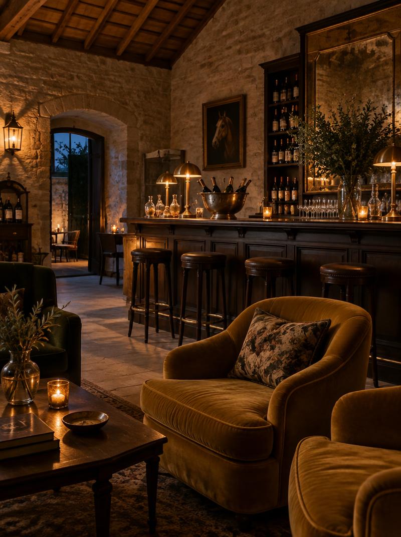 Illustrative lounge setting with warm evening light