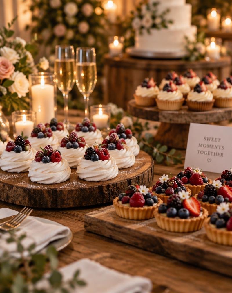 Illustrative dessert table with meringues