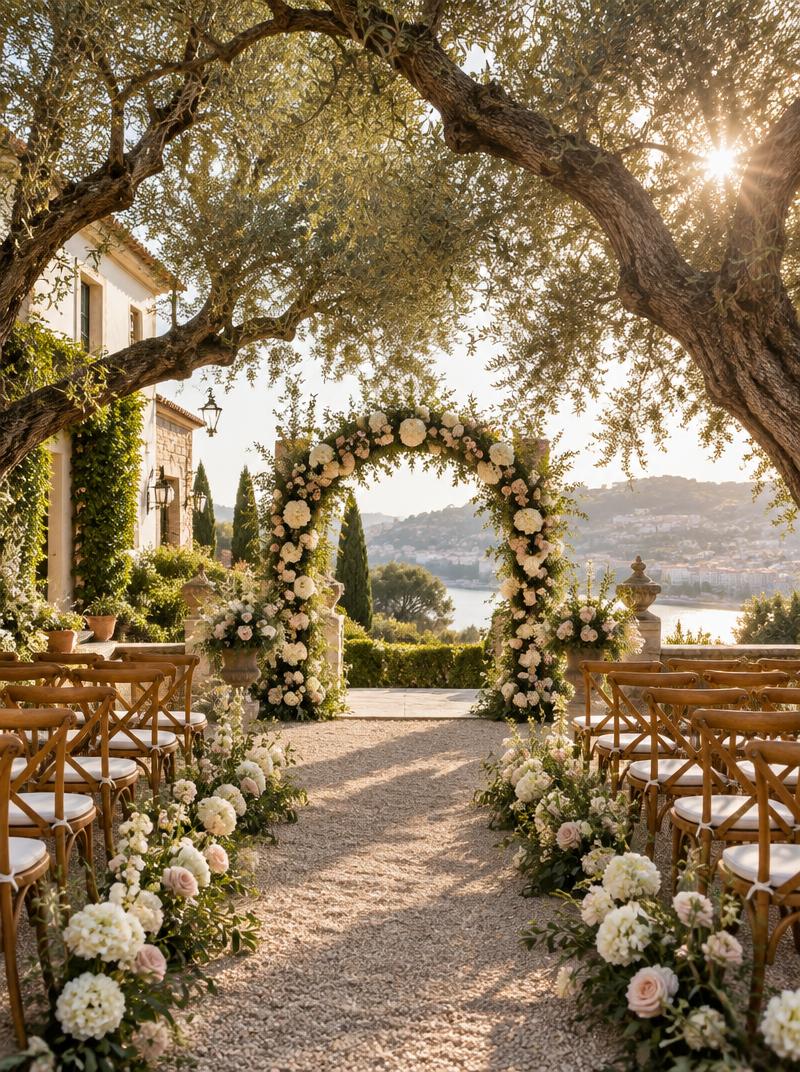 Illustrative garden ceremony beneath trees