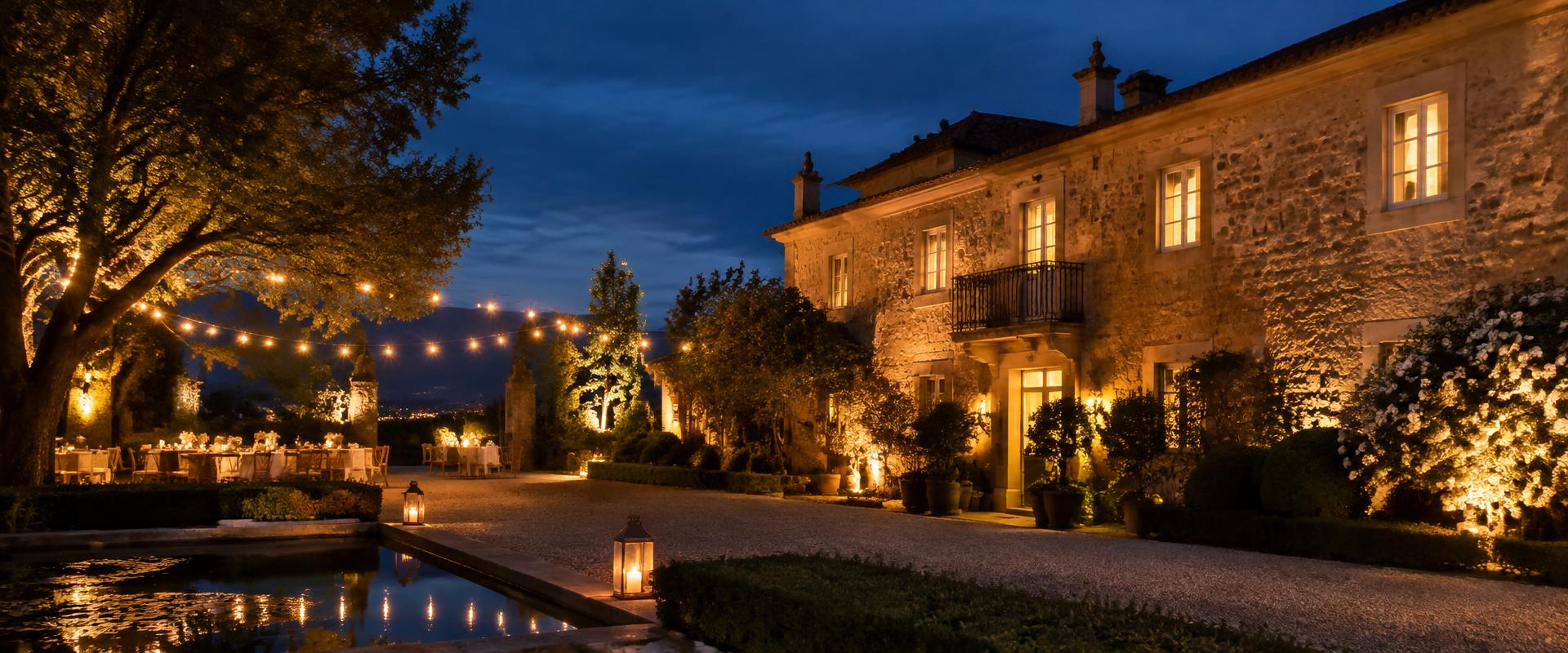 Illustrative quinta exterior at twilight with string lights